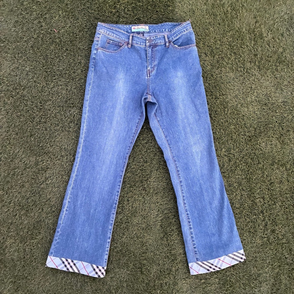 Vintage Too She She Women's 10 30x30 Blue Denim Jeans Plaid Trim Cuffs Flare Y2K